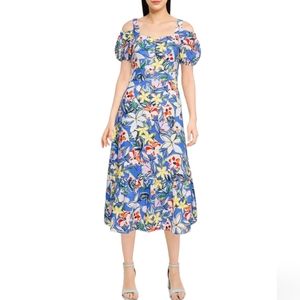 Sunday Up‎ Multicolor Floral Dress Cold Shoulder Ruffle Hem Size L Large